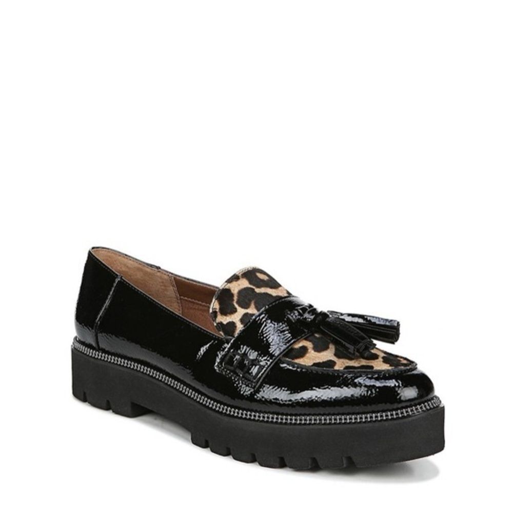 NWOB **Franco Sarto Brody Platform Loafer Patent Leather Leopard Tassel Size 8.5
